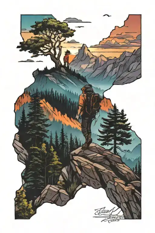 Hiker In The Mountains Filled With Trees Colors Sunset