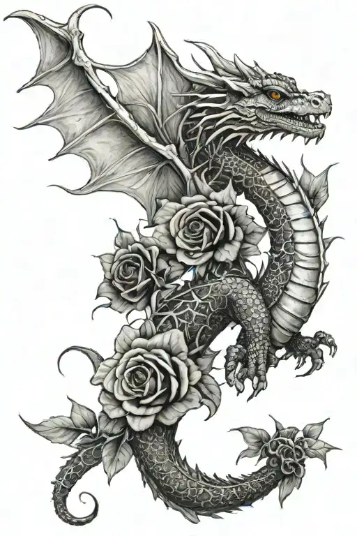 Long Tail Dragon Whit Dark Foresta And Black Roses