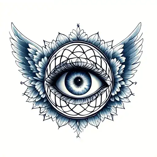 Angel Wings With Eye Surrounded And Mandal Moon In Geometrical Flower Of Life