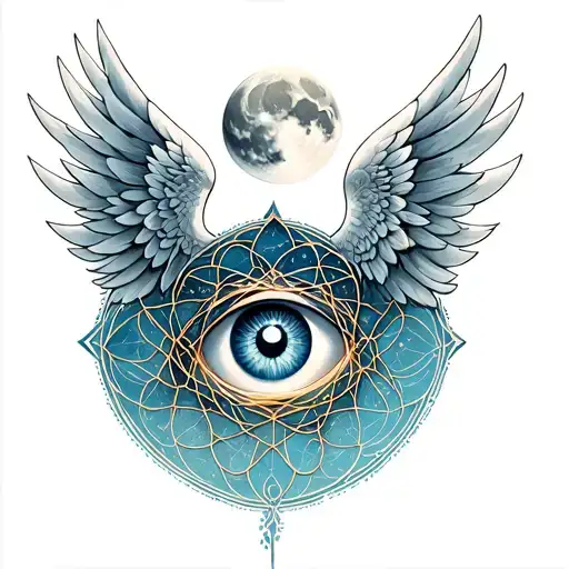 Six Angel Wings With Eye Surrounded And Mandal Moon In Geometrical Flower Of Life