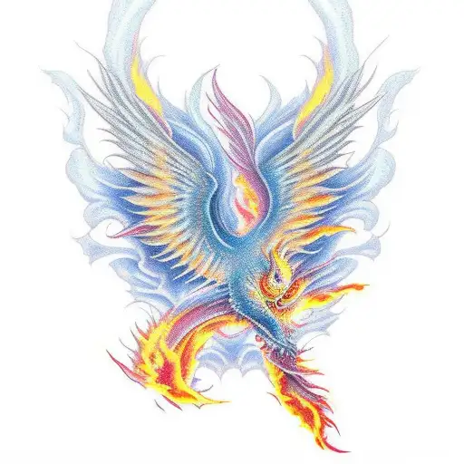 Colored Realistic Blazing Phoenix And Sakura