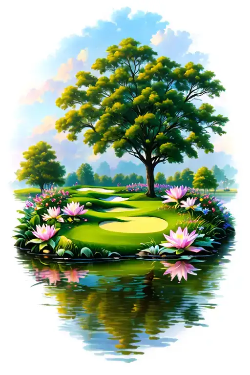 Golf Course Landscape With Flowers Trees Water Lily