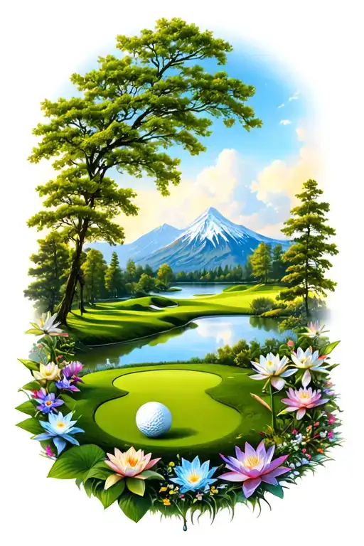 Golf Course Landscape With Golf Ball Mountain Flowers Trees Water Lily