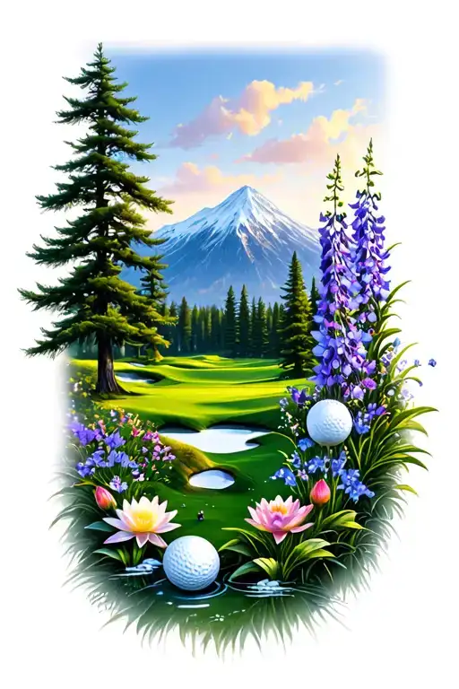 Golf Course Landscape With Golf Ball Mountain Flowers Pine Trees Water Lily Larkspur