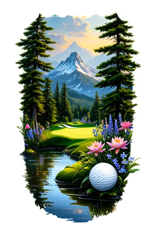 Mystical Golf Course Landscape With Golf Ball Mountain Flowers Pine Trees Water Lily Larkspur