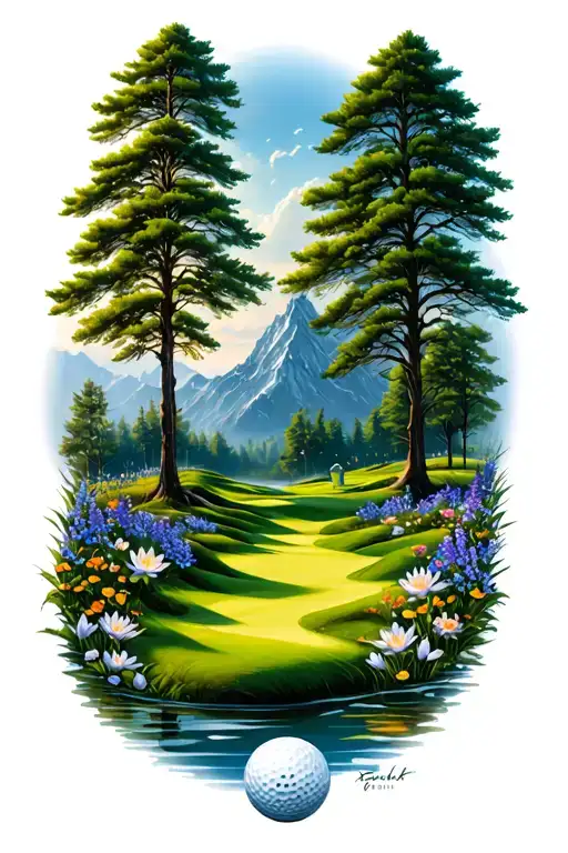 Mystical Golf Course Landscape With Golf Ball Mountain Flowers Pine Trees Water Lily Larkspur