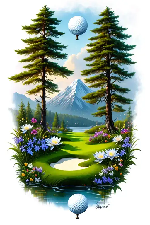 Mystical Golf Course Landscape With Golf Ball Mountain Flowers Pine Trees Water Lily Larkspur