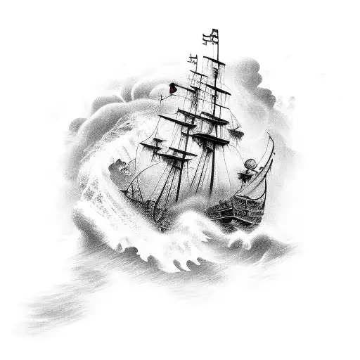 Pirate Ship In A Storm With Lightning And Waves