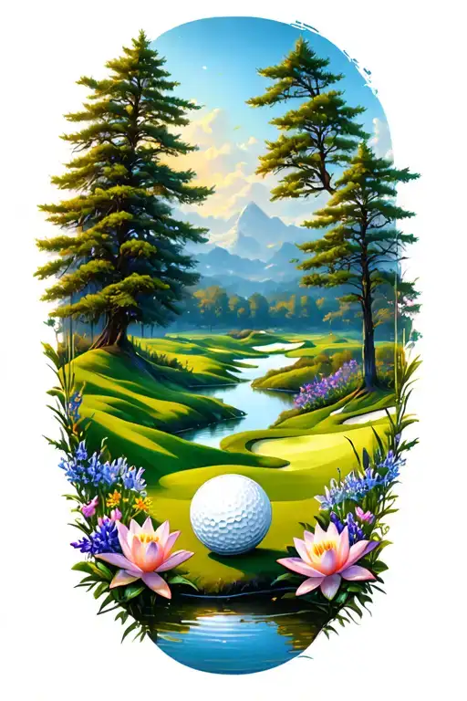 Mystical Golf Course Landscape With Golf Ball Rolling Hills Flowers Pine Trees Water Lily Larkspur