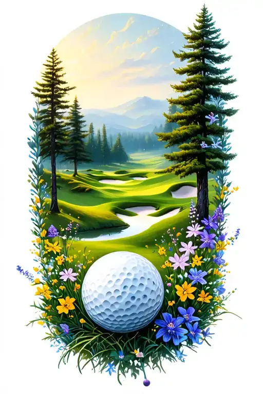 Mystical Golf Course Landscape With Golf Ball Rolling Hills Flowers Pine Trees Locus Pond Larkspur