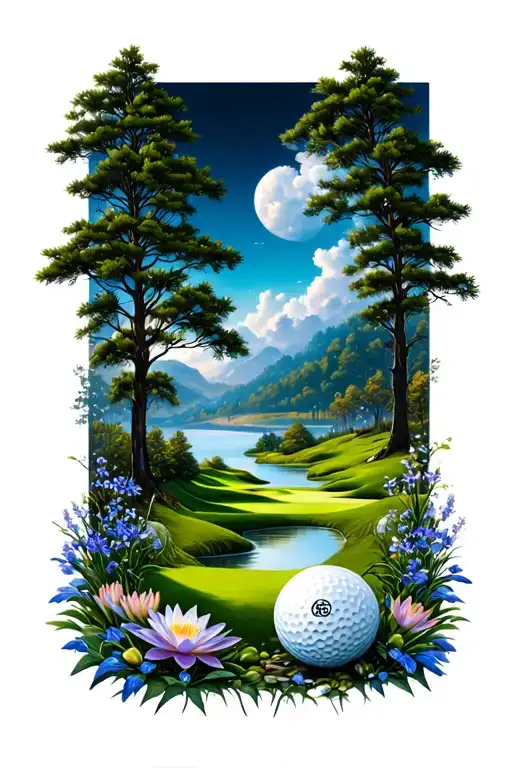 Mystical Golf Course Landscape With Golf Ball Rolling Hills Flowers Pine Trees Water Lily Larkspur