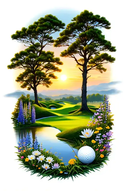 Golf Course Landscape With Golf Ball Rolling Hills Flowers Pine Trees Water Lily Larkspur Sunset