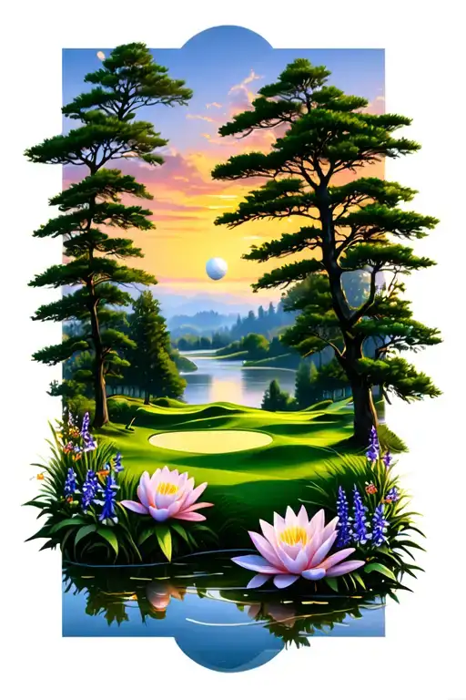Golf Course Landscape With Golf Ball Rolling Hills Flowers Pine Trees Water Lily Larkspur Sunset
