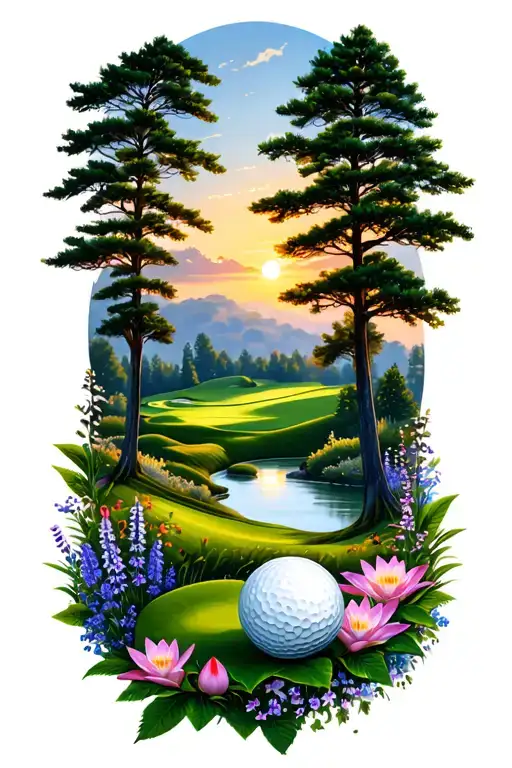 Golf Course Landscape With Golf Ball Rolling Hills Flowers Pine Trees Water Lily Larkspur Sunset