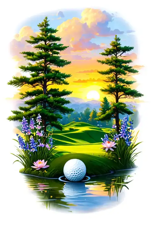 Golf Course Landscape With Golf Ball Rolling Hills Flowers Pine Trees Water Lily Larkspur Sunset