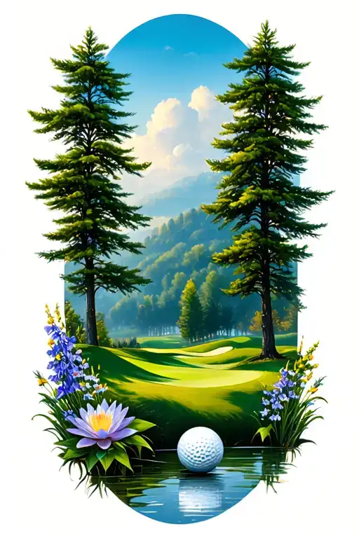 Golf Course Landscape With Golf Ball Rolling Hills Flowers Pine Trees Water Lily Larkspur Lace