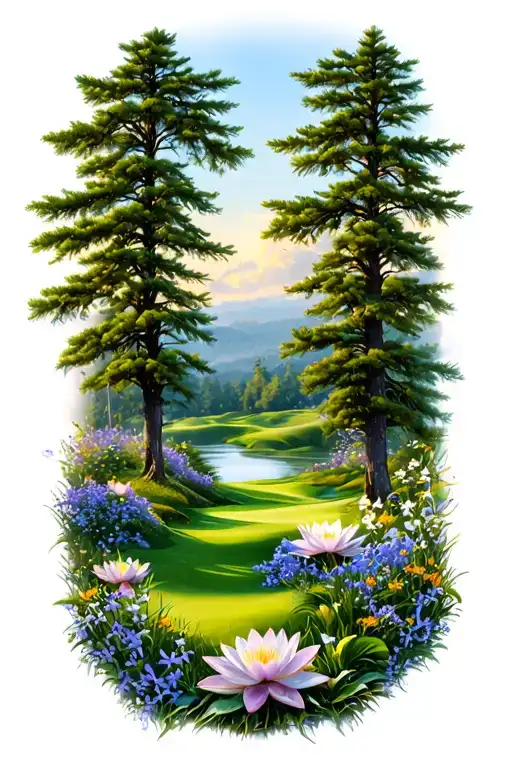 Golf Course Landscape Rolling Hills Flowers Pine Trees Water Lily Larkspur Lace