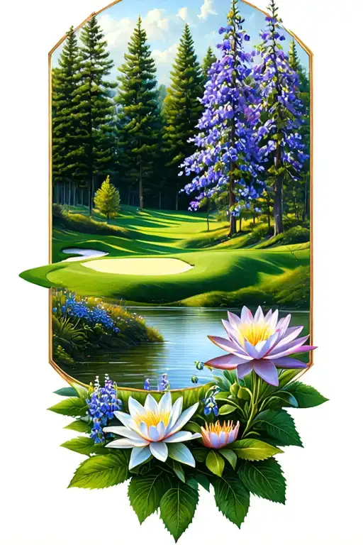 Golf Course Landscape Rolling Hills Flowers Pine Trees Water Lily Larkspur Lace