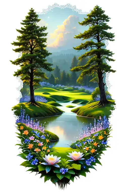 Mystical Golf Course Landscape Rolling Hills Flowers Pine Trees Water Lily Larkspur Lace