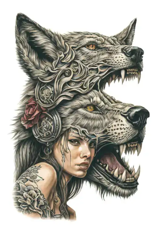 Woman With Wolf Head Worn Like A Skin On Her Head Colored