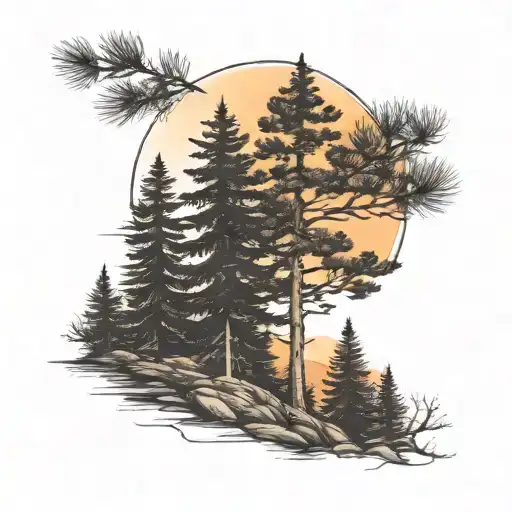 Black Pine Trees And Sunset