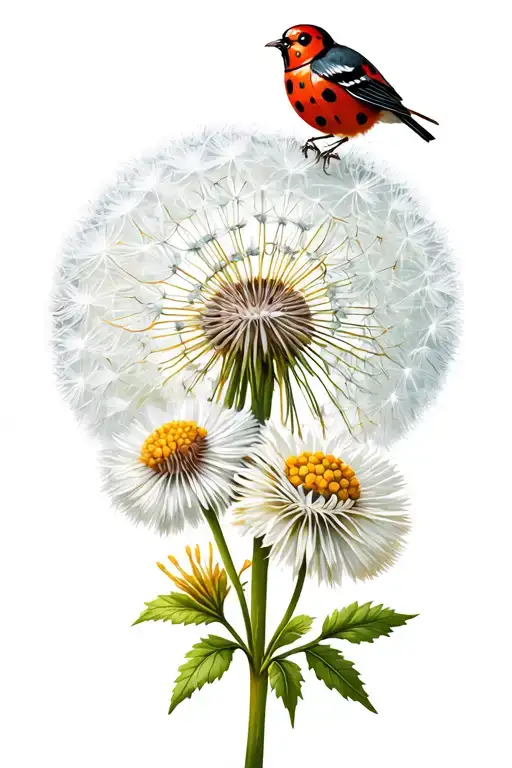 Dandelion With Ladybug Bird And Flowers