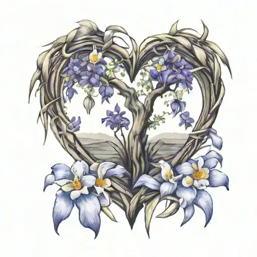 Willow Tree Surrounded By Iris Flowers Inside A Love Heart With Angels Wings