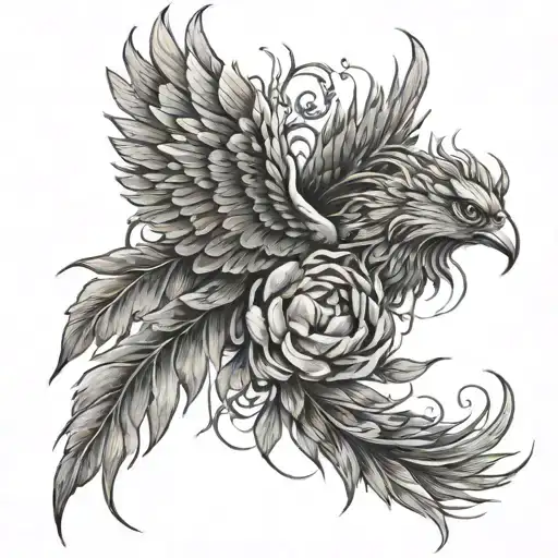 A Phoenix Flying Out Of A Peony Flower Bouquet Intertwined In Thorns