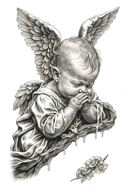 Baby Angel Looking Up Praying With Tears Dripping