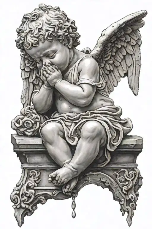Baby Angel Statue Looking Up Praying With Tears Falling Down Its Face