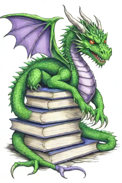 Green Dragon With Purple Eyes Standing Over A Stack Of Books