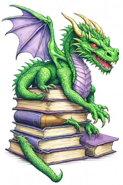 Green Dragon With Purple Eyes Standing Over A Stack Of Books