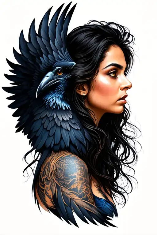 Raven Whos Wings Morph Into Womans Hair Tangled Together Side View Of Woman