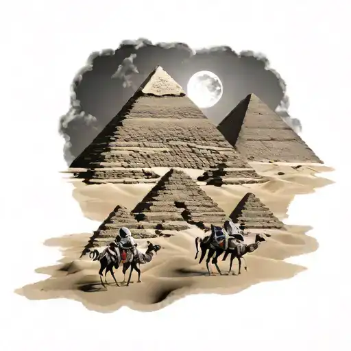 Three Egyptian Pyramids With People On Camels Below