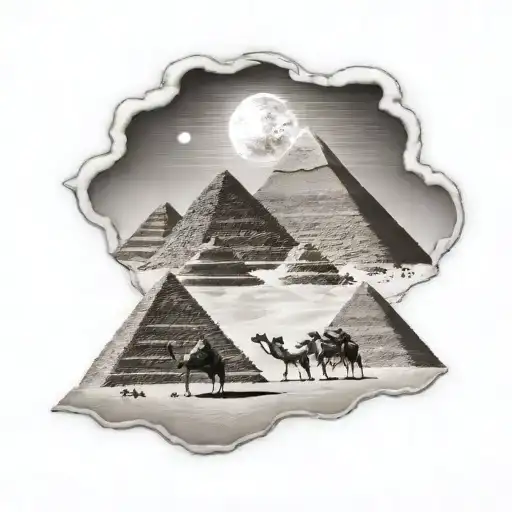 Three Egyptian Pyramids With People On Camels Below