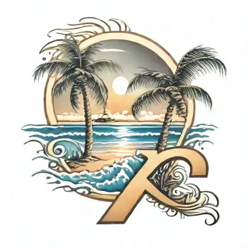 Beach Scene With Palm Tree Sun Shining And The Letter R On The Ocean