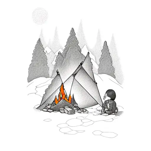 Campfire Scene With Mountain Landscape