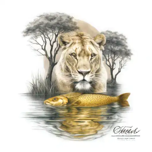 Lioness At A Lake With Carp Fish In Water