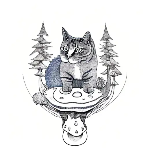 A Cat Sitting On A Giant Mushroom In A Whimsical Forest Setting