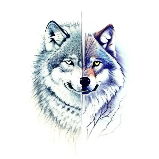 Wolf Head Split In Half With Chickasaw War Paint On Right And Half Blackfoot War Paint On Left