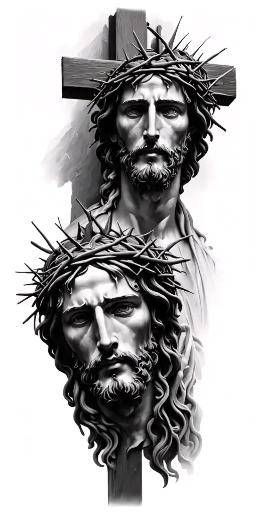 Christ Face Crown Of Thorns Under A Crucifix Then Under Another Photo Of Christ