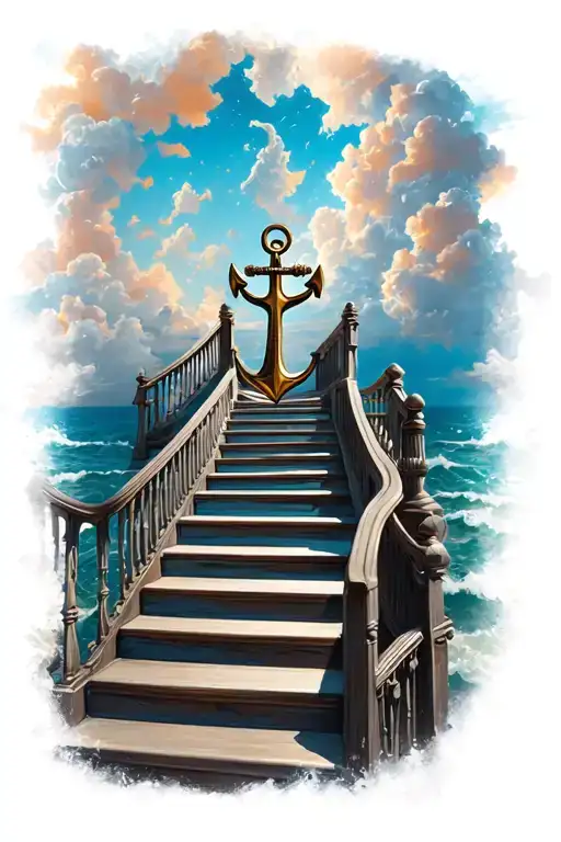Stairs To The Sky With Clouds Around And Anchor