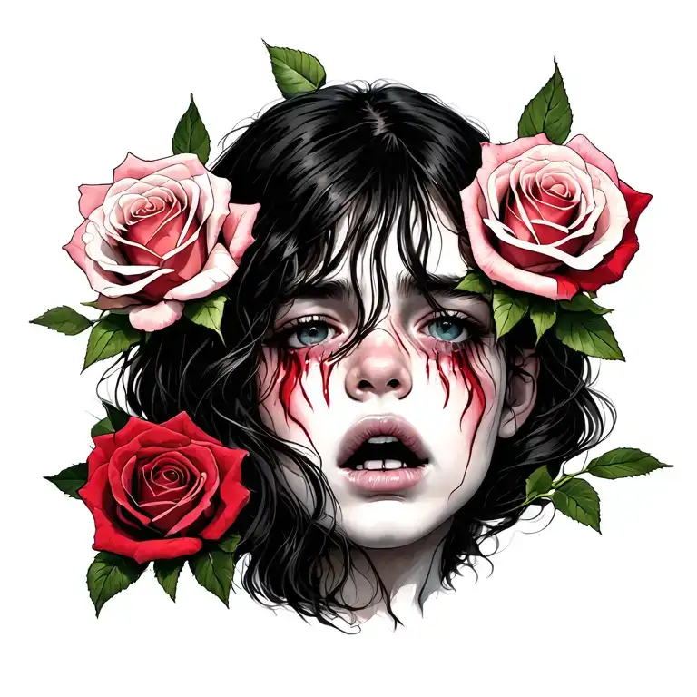 Girl Crying With Three Roses Intertwined