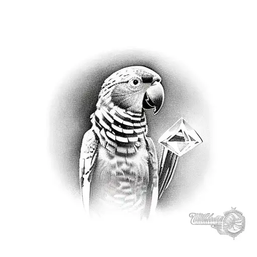 A Realistic Portrait Of A Parrot Holding A Crystal In Its Beak