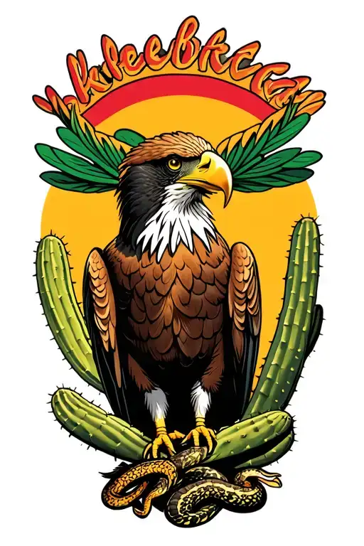Mexican Eagle Standing On Cacti With A Snake In Its Beak