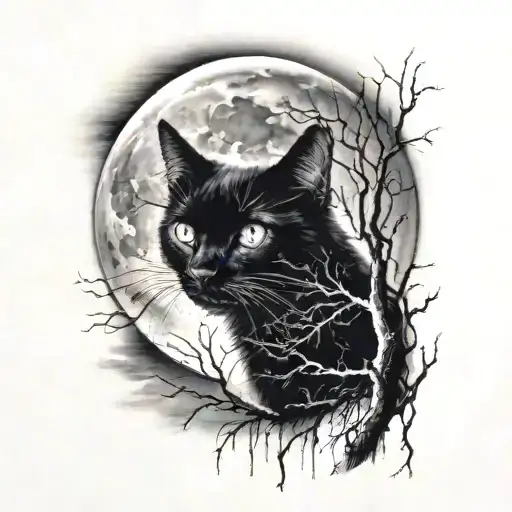 Full Moon With A Black Cat Sillouette Inside Looking At The Moon