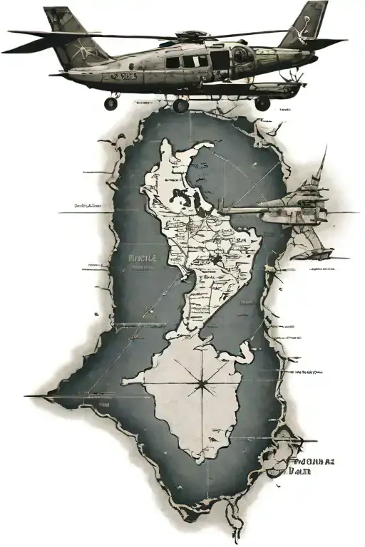 A Detailed Map Of The Bahamas With A Silhouette Of A Helicopter And Airplane Flying Above