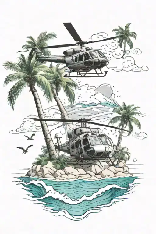 Tropical Island Scene With A Helicopter Flying Over Crystal Clear Waters
