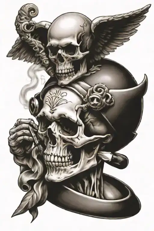 Cupid And Skull Wearing Hard Hat & Smoking