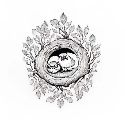 Three Owlets Inside A Hollow Tree With Dates Carved In The Tree